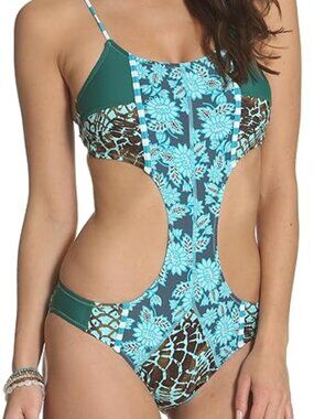 Kuleana Monokini Swimsuit Aqua/Blue/Green Cutout Tassel Tie One Piece
